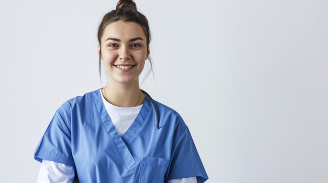 young woman with a pleasant smile, wearing a blue scrub top and a white undershirt, posing with her arms crossed against a white background
