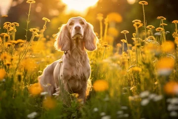 Papier Peint photo Prairie, marais American cocker spaniel dog sitting in meadow field surrounded by vibrant wildflowers and grass on sunny day AI Generated