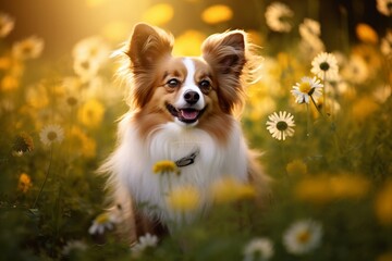 Papillon dog sitting in meadow field surrounded by vibrant wildflowers and grass on sunny day ai generated