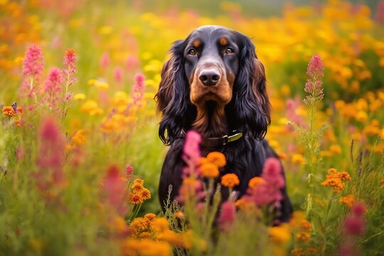 Gordon setter dog sitting in meadow field surrounded by vibrant wildflowers and grass on sunny day ai generated