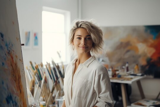 Confident female artist in studio, vibrant artwork backdrop