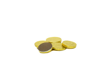 Stack of chocolate coins isolated on white background copy space, group of golden chocolate coins money