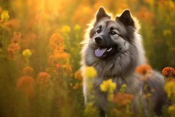 Papier Peint photo Prairie, marais Keeshond dog sitting in meadow field surrounded by vibrant wildflowers and grass on sunny day ai generated