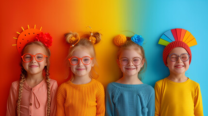 A group of children wearing colorful t-shirts and headgear are standing next to each other in front of an orange and electric blue wall, smiling and happy at an entertainment event. - obrazy, fototapety, plakaty