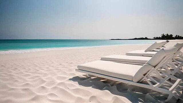 Row of White Lawn Chairs on Sandy Beach