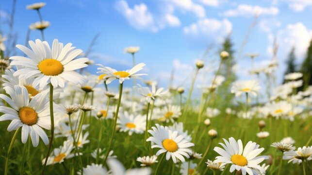 Chamomile on a background of green grass.A white flower. A sunny, bright day. © Cherkasova Alie