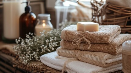 a stack of folded towels sitting on top of a table next to a candle and a basket of baby's breath next to a cup of baby's breath.