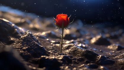 Recreation of a red rose in the ground of a moon or asteroid - obrazy, fototapety, plakaty