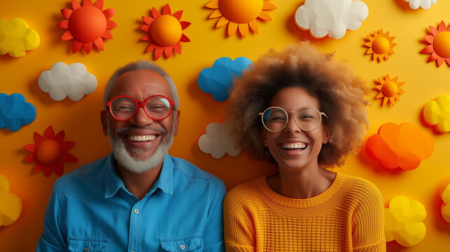A man and a woman are happily smiling in front of a vibrant yellow wall adorned with suns and clouds, posing for a photograph at a fun event.