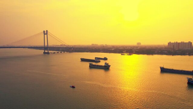 Vidyasagar Setu bridge over Hooghly River in Kolkata, West Bengal, India, Aerial Drone View
