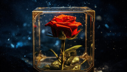 Recreation of a red rose inside a glass lamp a rainy night