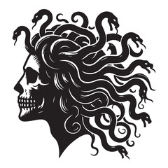 Head of a gorgon jellyfish in the form of a skull, tattoo design vector drawing, black silhouette on a transparent background, print for stencil