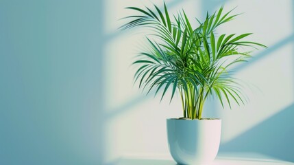  a potted plant sitting on a table in a room with a blue wall and sunlight coming in through the window behind the plant is a green leafy plant.