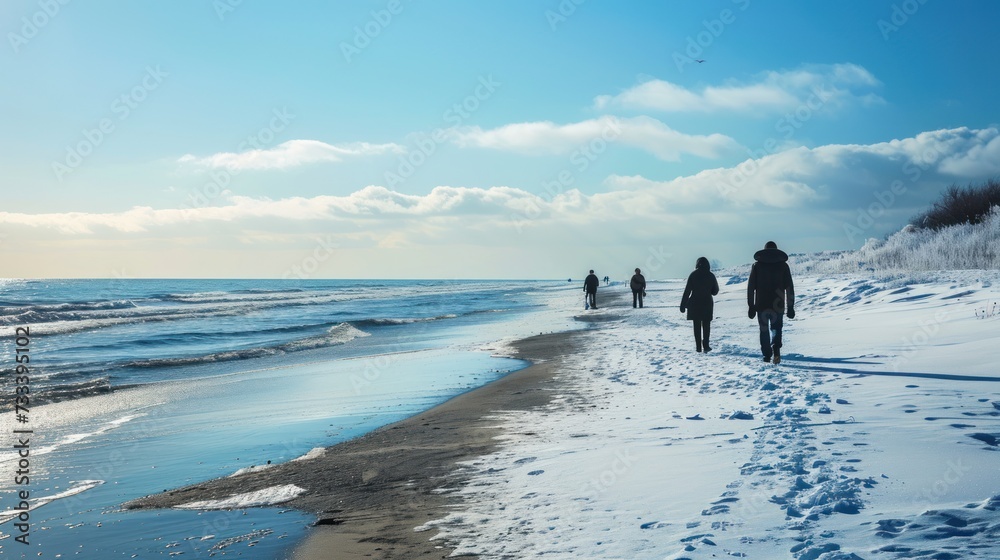 Poster a group of people walking down a snow covered beach next to a body of water with footprints in the s