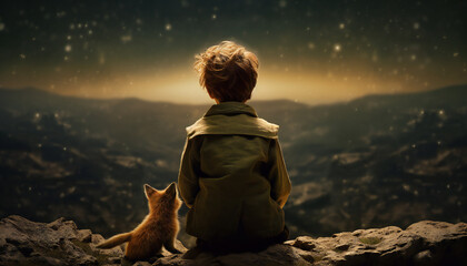 Recreation of a little boy and a little fox from back staring the night from a hill