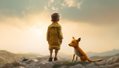 Recreation of a little boy and a little fox watching the sunset