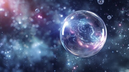 Fototapeta premium a close up of a glass ball in the air with bubbles around it and a star field in the background in the middle of the image is a blurry space filled with stars.