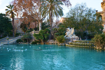 pool with trees Barcelona, Antonio Gaudi, Spain, Catalonia