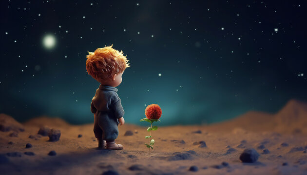 Recreation of a small kid and a red flower in a moon
