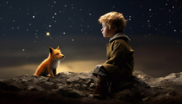 Recreation of a little boy and a little fox in a starry night