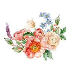Watercolor bouquet of peonies, forget-me-not, ranunculi and leaves. Hand painted card of floral elements isolated on white background. Holiday flowers Illustration for design, print or background. - 733395327
