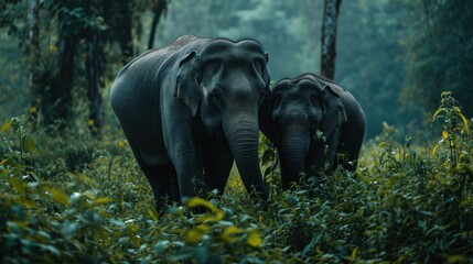  a couple of elephants walking through a lush green forest filled with trees and bushes in front of a forest filled with lots of tall green trees and yellow and green leaves.