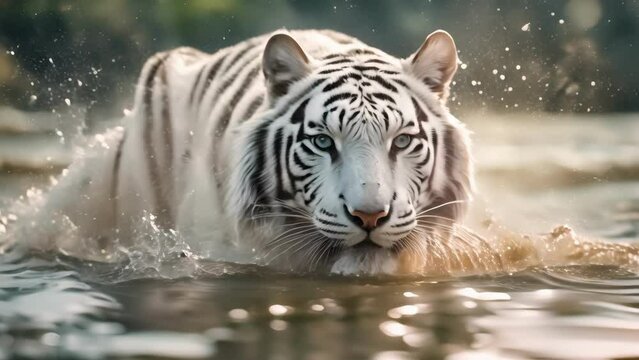 White Tiger Walking Through Body of Water