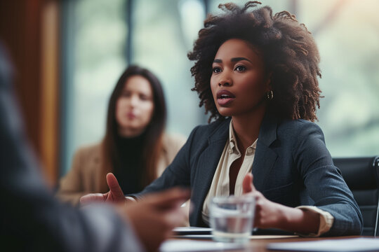 Black Business Woman Giving A Speech In A Boardroom Meeting, Close Up