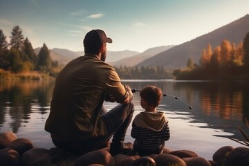 Joyful father teaching son to fish at a tranquil lake - obrazy, fototapety, plakaty