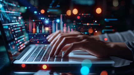 person's hands are seen typing on a laptop keyboard, with futuristic digital graphics of charts, graphs, and data analytics floating above the computer screen.