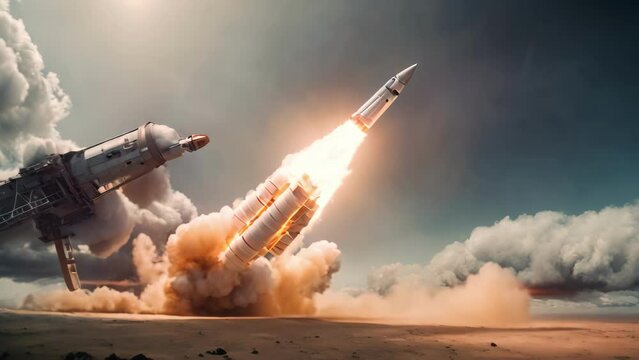 Rocket Launching Into the Sky With Clouds