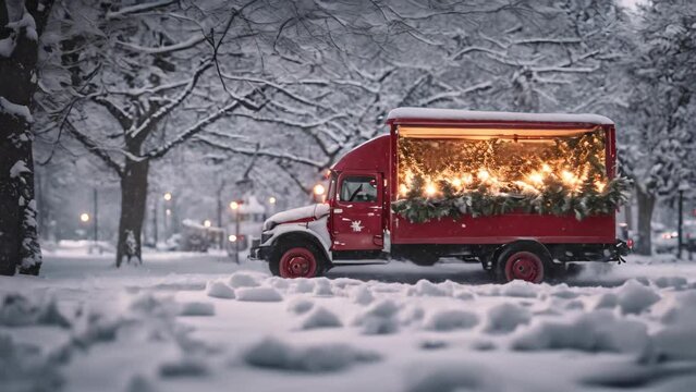 Red Truck Driving Down Snow Covered Street