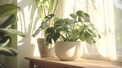  two potted plants sit on a window sill next to a window sill with a white curtain and a potted plant on a wooden table next to a window.