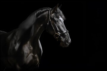 Beautiful black horse horse with long mane fluttering in the wind, contrast light black background horizontal video