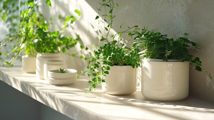  a row of potted plants sitting on top of a white shelf next to each other on a window sill next to a white wall with sunlight coming through the window.