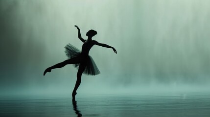  a black and white photo of a ballerina in the middle of a body of water, with a waterfall in the background and a foggy sky in the background.