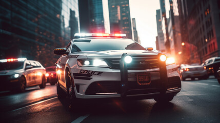 Close up photo of a police car in a big city.