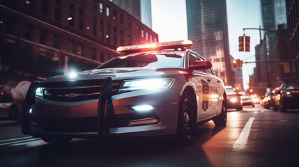 Close up photo of a police car in a big city.