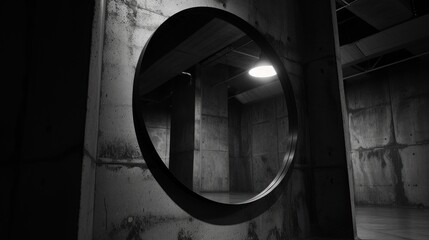 a dark room with a round mirror on the wall and a light in the middle of the room on the right side of the mirror is a concrete wall and a light on the other side of the wall.
