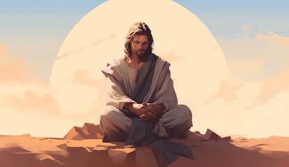 Ilustration of Jesus sitting by the cross. - obrazy, fototapety, plakaty