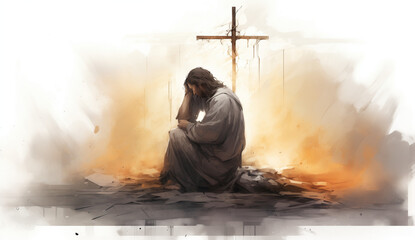 Ilustration of Jesus sitting by the cross. - obrazy, fototapety, plakaty