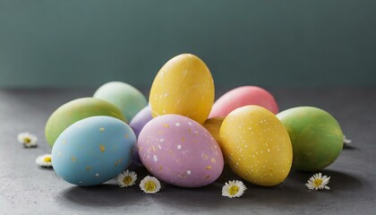 Colorful Easter eggs with small white flowers on a dark background.