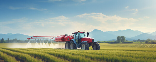 Fototapeta na wymiar Farming tractor spraying crops in a field.