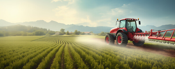 Farming tractor spraying crops in a field. - obrazy, fototapety, plakaty