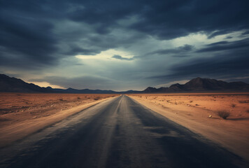 Fototapeta na wymiar Long road in the desert. Storm clouds at the horizon.