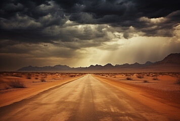 Long road in the desert. Storm clouds at the horizon. - obrazy, fototapety, plakaty