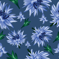 Fototapeta na wymiar seamless, floral pattern of open cornflower buds, cornflower petals and green leaves, for textile, holiday cards or packaging