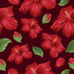 Fototapeten seamless floral pattern of open buds of red mallows and green leaves on a pastel background, for textile, holiday cards or packaging © Ольга Бабич