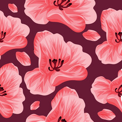 seamless floral pattern of open pink tulip buds, tulip petals on pastel background, for textile, holiday cards or packaging