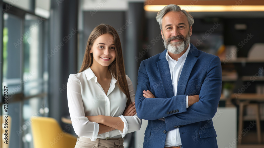 Wall mural two confident professionals, a man in a navy blazer and a woman in a white shirt, stand with arms cr